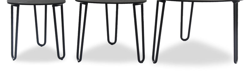 Ensemble 3 tables gigognes triangulaires modernes Hamilton de 22 po - dessus en imitation de marbre gris avec pattes en métal noir