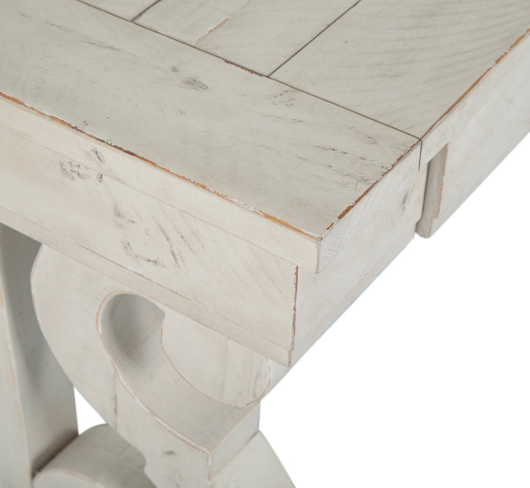 Table de salon traditionnelle Bronwyn de 50 po avec rangement - pin albâtre avec base en bois à volutes