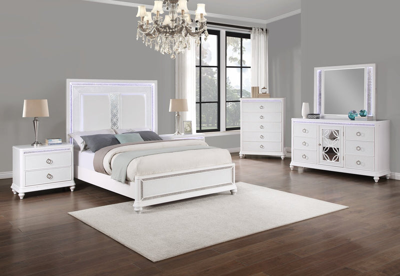 Ensemble de chambre à coucher Ava 5 pièces somptueux avec lit, commode, miroir et éclairage à DEL, blanc - format grand lit