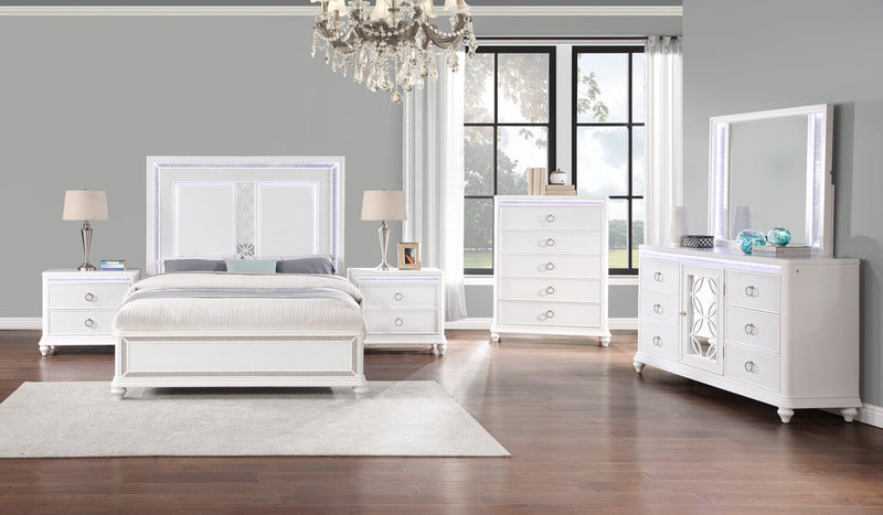 Ensemble de chambre à coucher Ava 5 pièces somptueux avec lit, commode, miroir et éclairage à DEL, blanc - format grand lit