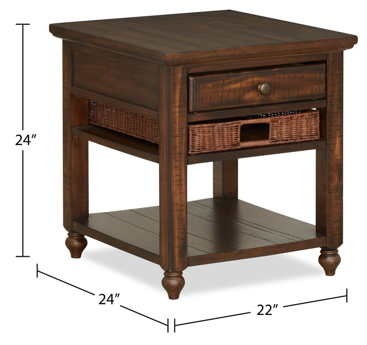 Table de bout rustique Cottage Lane de 22 po avec rangement et tablette - bois brun foncé