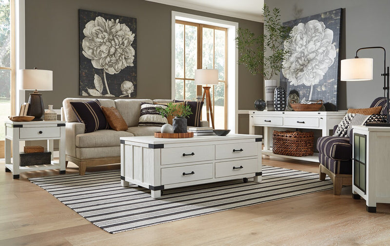 Table à café moderne Harper de 50 po avec dessus relevable, rangement et roulettes - pin blanc