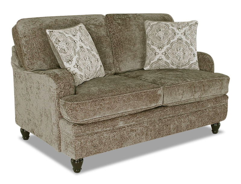 Causeuse Bellmont de 64 po fabriquée au Canada en tissu de chenille avec coussins réversibles et pattes en bois - brun caramel