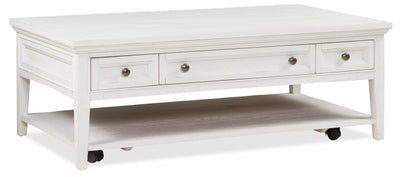 Heron Cove 50" Traditional Coffee Table With Storage, Shelf and Casters - White Pine|Table à café traditionnelle Heron Cove de 50 po avec rangement, tablette et roulettes - pin blanc