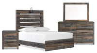  Ensemble de chambre à coucher Abby 6 pièces avec lit à panneau, commode, miroir, table de nuit, lumière DEL et port USB, brun - format lit double