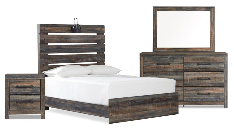 Ensemble de chambre à coucher Abby 6 pièces avec lit à panneau, commode, miroir, table de nuit, lumière DEL et port USB, brun - format lit double