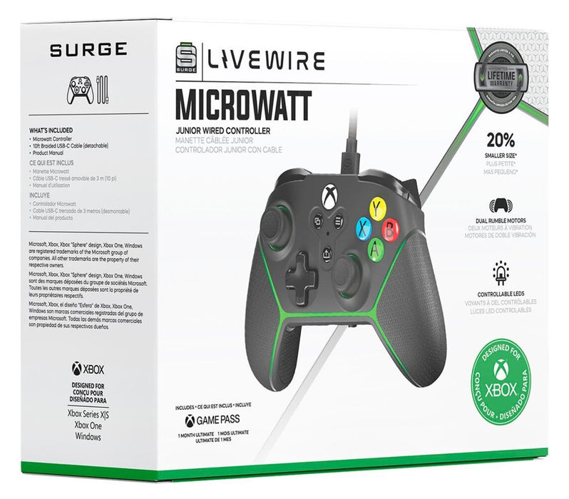 Manette câblée One Surge Livewire Microwatt Junior pour consoles Xbox One et Xbox de séries X et S 