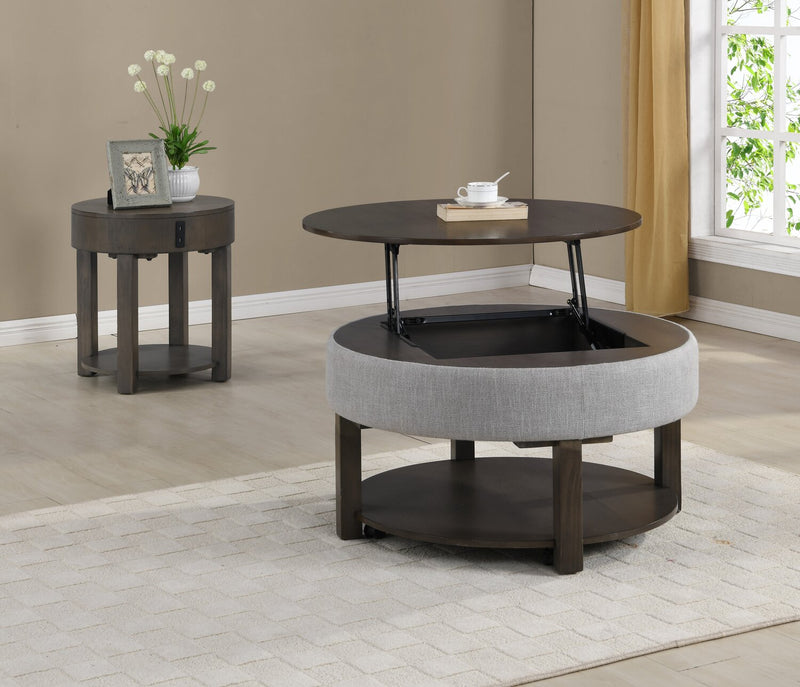 Table à café ronde rustique Elroy de 33 po avec dessus relevable, rangement, tablette et roulettes - brune et grise avec bordure en tissu