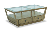 Table à café traditionnelle Esme de 48 po avec dessus en verre, rangement et tablette - bois brun clair