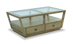 Table à café traditionnelle Esme de 48 po avec dessus en verre, rangement et tablette - bois brun clair