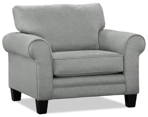 Fauteuil Tula de 42 po fabriqué au Canada en tissu avec accoudoirs enroulés - bleu brume