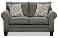  Causeuse Tula de 65 po fabriquée au Canada en tissu avec accoudoirs enroulés et coussins décoratifs - gris acier