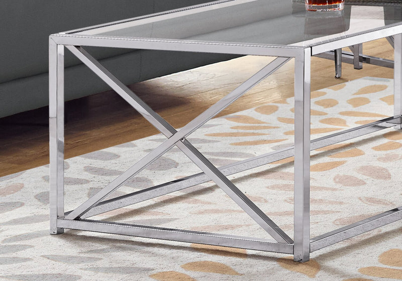 Table à café moderne Coral de 44 po avec dessus en verre - chromée avec base en métal