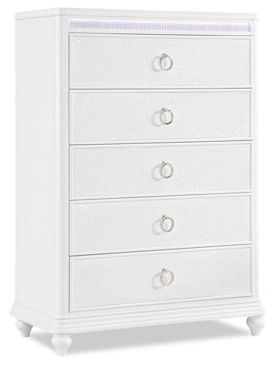 Ava Bedroom Chest of Drawers with LED Light, 5-Drawer, 40.5"W x 54.1"H, Glam - White | Commode verticale somptueuse Ava de 40,5 po (L) x 54,1 po (H) à 5 tiroirs avec éclairage à DEL pour la chambre à coucher - blanche