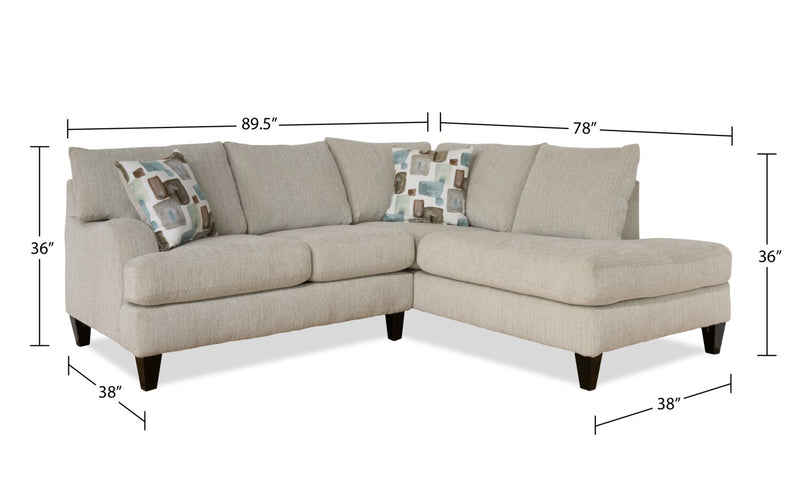 Sofa sectionnel de droite Nofia 2 pièces fabriqué au Canada en tissu de chenille avec coussins décoratifs et pattes en bois - beige lin