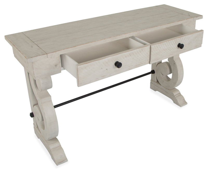 Table de salon traditionnelle Bronwyn de 50 po avec rangement - pin albâtre avec base en bois à volutes