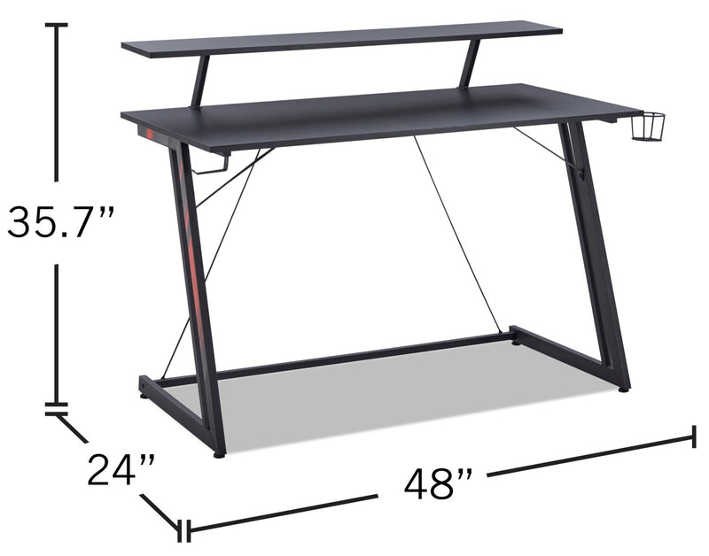 Bureau de jeu Sparta de 48 po avec tablette surélevée pour moniteur - noir avec touches de rouge