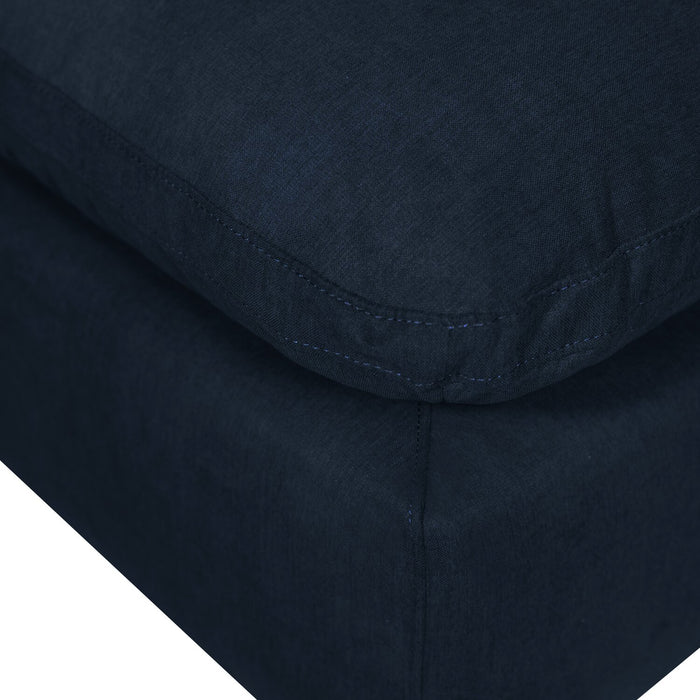 Sofa sectionnel modulaire Eclipse 6 pièces en tissu d’apparence lin avec poufs et coussins réversibles en duvet et plumes - bleu marine