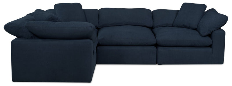 Sofa sectionnel modulaire Eclipse 5 pièces en tissu d’apparence lin avec coussins réversibles en duvet et plumes - bleu marine
