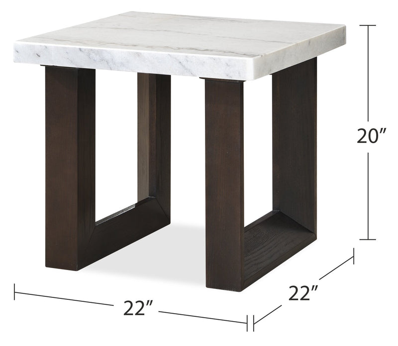 Table de bout moderne Silvia de 22 po - imitation de marbre blanc et gris avec pattes en bois brun