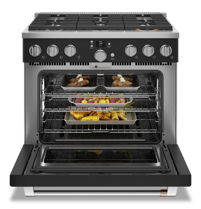 Cuisinière intelligente à gaz Café de 6,2 pi³ avec convection européenne véritable et grilles autonettoyantes - noir mat - CGY366P3TD1