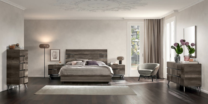 Ensemble de chambre à coucher Gino 5 pièces avec lit à panneaux, commode et miroir - fabriqué en Italie, moderne, brun - format grand lit