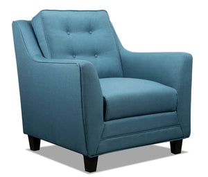 Fauteuil Novalee de 35 po en tissu d’apparence lin avec accoudoirs évasés et capitonnage à boutons - bleu