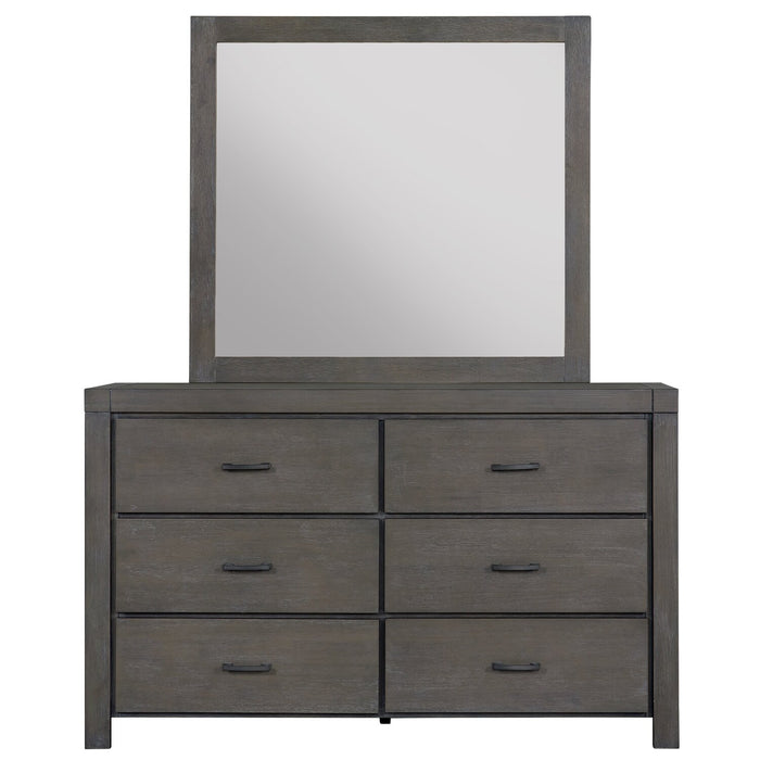 Ensemble de chambre à coucher Koda 6 pièces en bois avec lit de rangement, commode, miroir et table de nuit, gris - format très grand lit