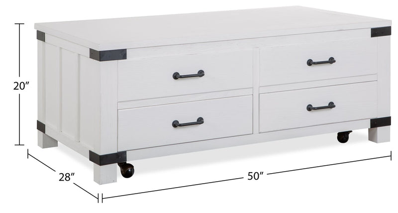 Table à café moderne Harper de 50 po avec dessus relevable, rangement et roulettes - pin blanc