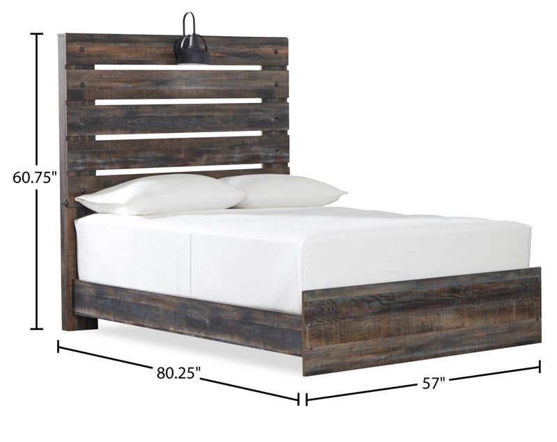 Ensemble de chambre à coucher Abby 6 pièces avec lit à panneau, commode, miroir, table de nuit, lumière DEL et port USB, brun - format lit double