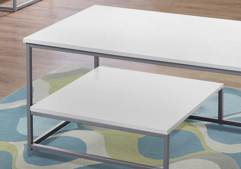 Ensemble 3 tables modernes Jules de 42,25 po (table à café et 2 tables de bout) avec tablette - blanc avec armature en métal gris