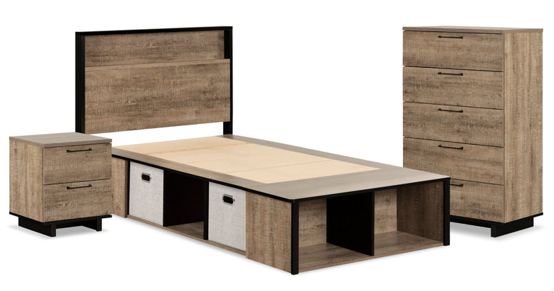 Ensemble lit plateforme Everley 5 pièces avec tête de lit à panneau, commode verticale et table de nuit, deux couleurs - format lit simple