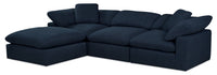 Sofa sectionnel modulaire Eclipse 4 pièces en tissu d’apparence lin avec pouf et coussins réversibles en duvet et plumes - bleu marine
