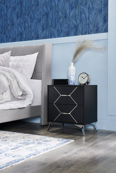 Table de nuit moderne Beau de 21,7 po (L) x 24,6 po (H) à 2 tiroirs - noire et argentée