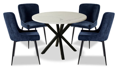 Verona 5pc Dining Set with Table & 4 Lexi Chairs, Culture Marbled Top, Metal, 42"W Round - Blue | Ensemble de salle à manger Verona 5 pièces en métal avec table ronde de 42 po (L), dessus en marbre synthétique et 4 chaises Lexi - bleu