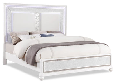 Ava Panel Bed with Headboard & Frame, LED, Glam, White - King Size | Lit à panneau Ava somptueux avec tête de lit, cadre de lit et éclairage à DEL, blanc - format très g…