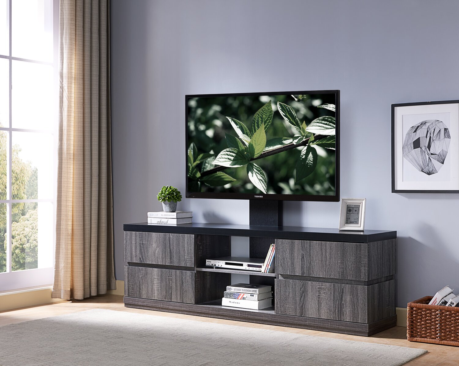 Meuble TV Moderne 3 Étagères Avec Plateau Verre Et Éclairage LED - Support Pour Téléviseur Jusqu'à 178 Cm (70") - 2 Tiroirs, Blanc Et Bois - 9