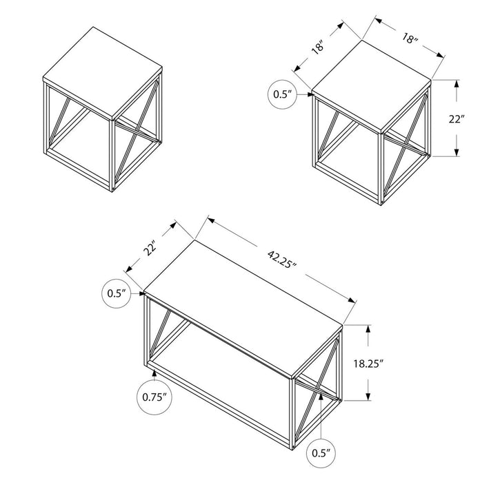 Ensemble 3 tables modernes Kasey de 42,25 po (table à café et 2 tables de bout) - imitation de marbre noir avec base en métal noir