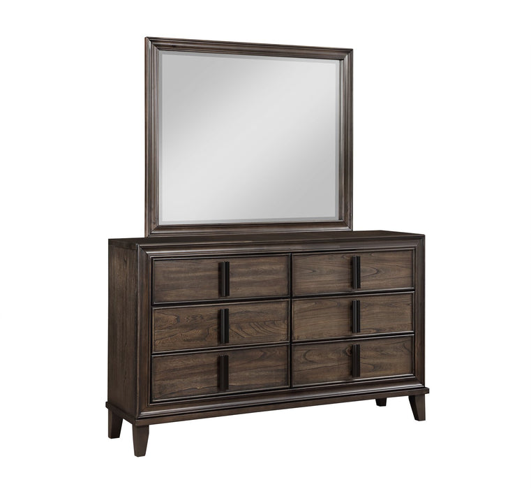 Ensemble de chambre à coucher Kane 6 pièces en cuir végétalien avec lit de rangement, commode, miroir et table de nuit, brun - format très grand lit