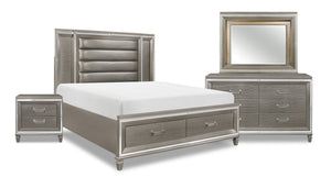 Ensemble de chambre à coucher Max 6 pièces somptueux avec lit de rangement, commode, miroir, table de nuit et éclairage à DEL, argenté - format grand lit
