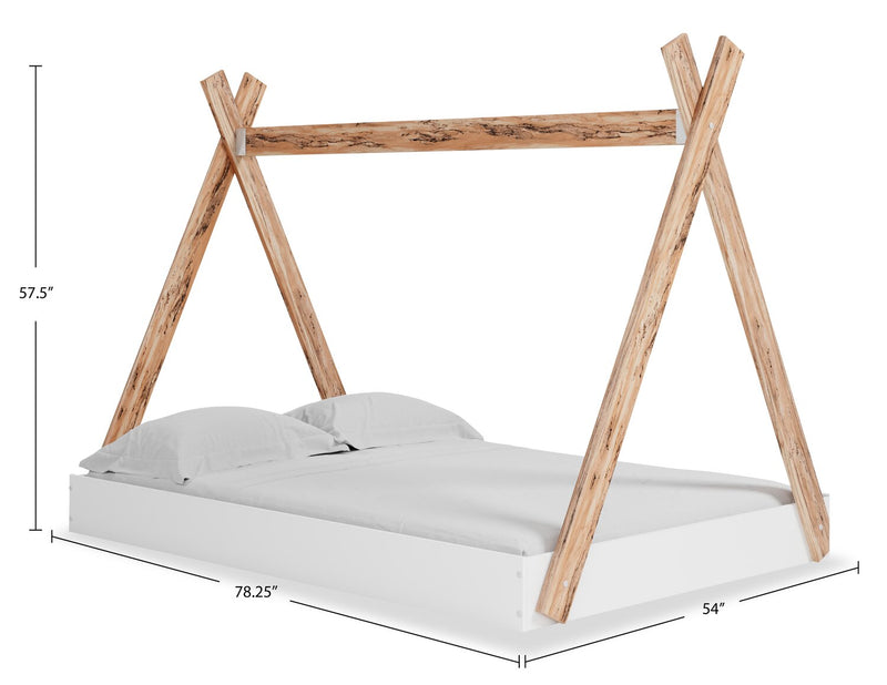 Lit plateforme Wolf en forme de tente pour enfants, deux teintes, blanc et naturel - format lit double