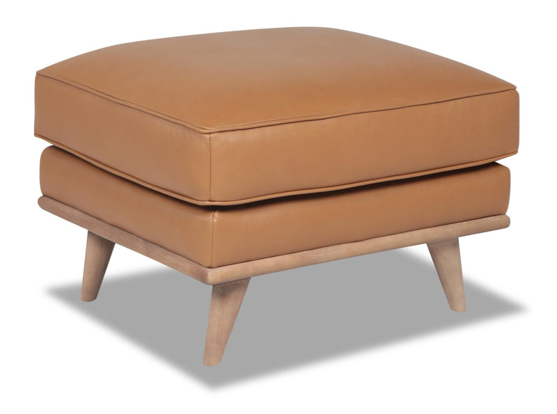 Pouf Vivia de 28 po en cuir véritable avec base en bois - brun caramel 