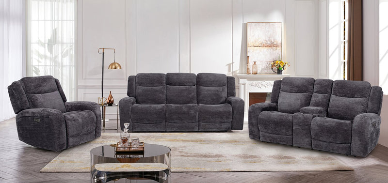 Causeuse à inclinaison électrique Atlantis de 72 po en tissu avec console de rangement, ports USB et position zéro gravité - gris foncé