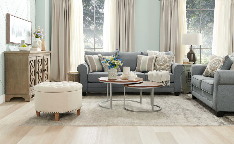 Sofa Tula de 88 po fabriqué au Canada en tissu avec accoudoirs enroulés et coussins décoratifs - gris acier