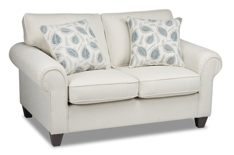 Causeuse Scarlett de 64 po fabriquée au Canada en tissu de chenille avec accoudoirs enroulés et coussins décoratifs - beige écru