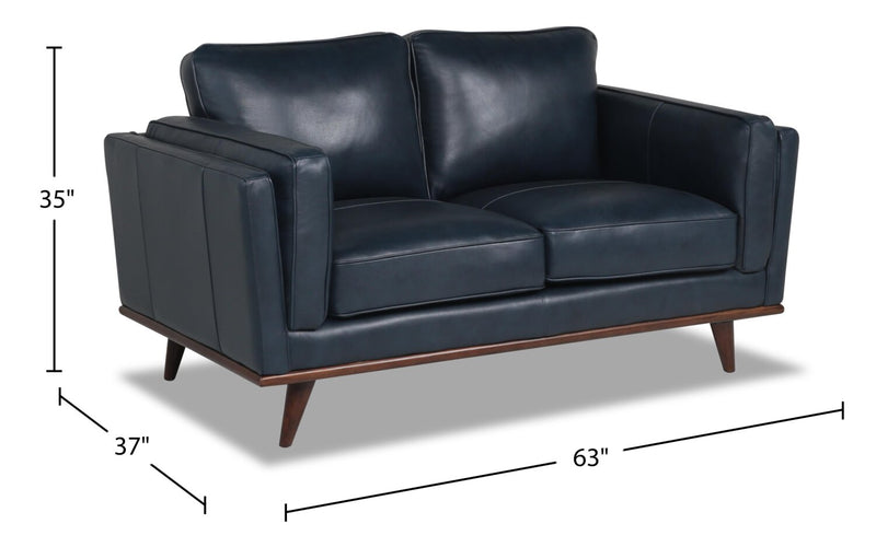 Causeuse Vivia de 63 po en cuir véritable avec coussins de siège amovibles et pattes en bois - bleu marine