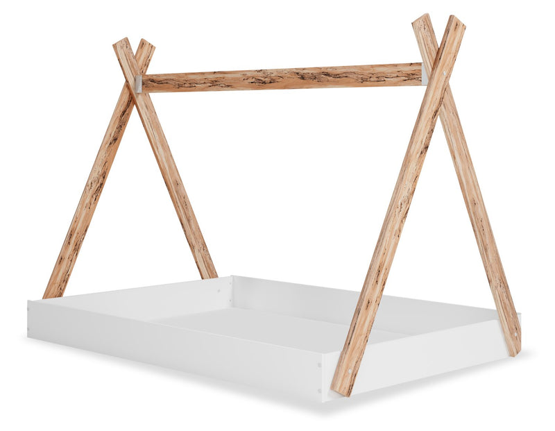 Lit plateforme Wolf en forme de tente pour enfants, deux teintes, blanc et naturel - format lit double