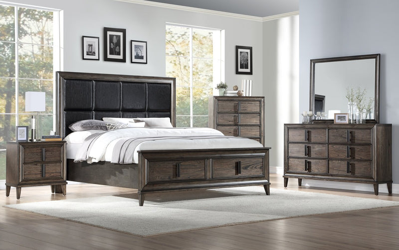 Ensemble de chambre à coucher Kane 6 pièces en cuir végétalien avec lit de rangement, commode, miroir et table de nuit, brun - format très grand lit