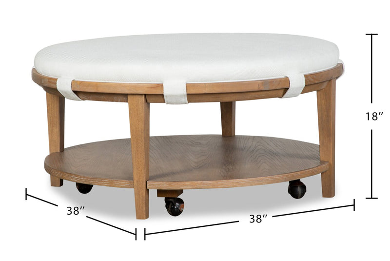 Table à café ronde moderne Rhett de 38 po avec tablette et roulettes - bois brun clair avec coussin blanc
