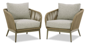 Ensemble de 2 fauteuils Rio pour la terrasse à l’extérieur - armature en corde tressée à la main et en aluminium, résistant aux rayons UV et aux intempéries - naturel et beige